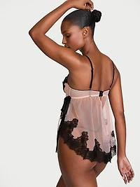 Wicked Sheer Unlined Lace-Trim Babydoll Set