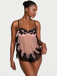 Wicked Sheer Unlined Lace-Trim Babydoll Set