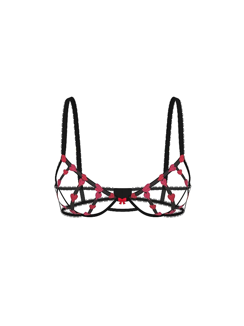 Heart Embroidery Strappy Open-Cup Demi Bra