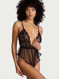 Sheer Dot Mesh & Lace Plunge Flutter Romper