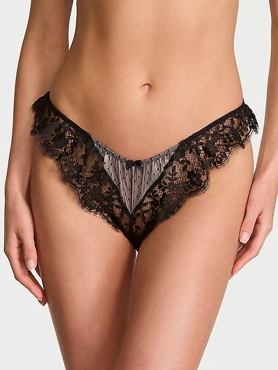 Heritage Dot Mesh Lace-Trim Flutter Brazilian Panty