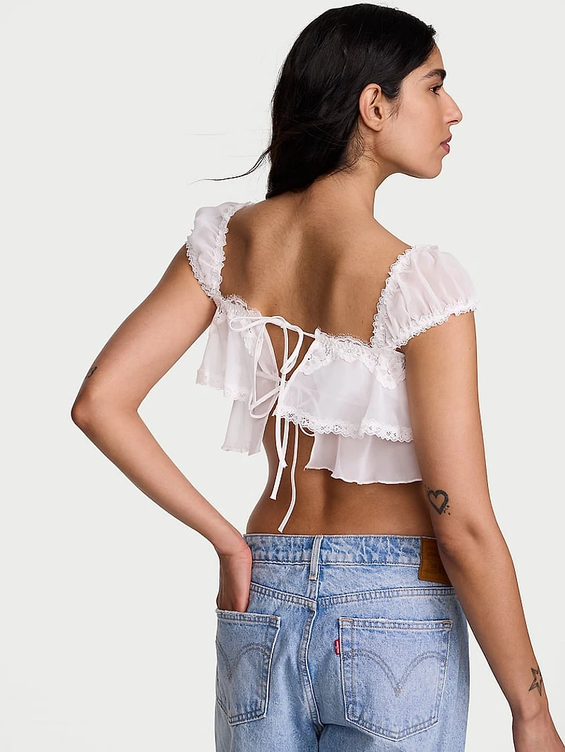Chiffon Lace-Trim Cap-Sleeve Top