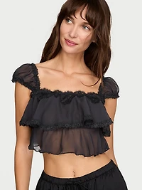 Chiffon Lace-Trim Cap-Sleeve Top