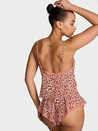 Leopard Chiffon Lace-Trim Cami & Flutter Shorts Set