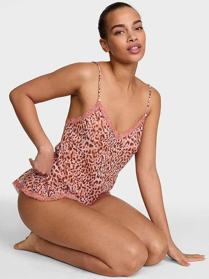 Leopard Chiffon Lace-Trim Cami & Flutter Shorts Set