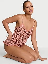 Leopard Chiffon Lace-Trim Cami & Flutter Shorts Set