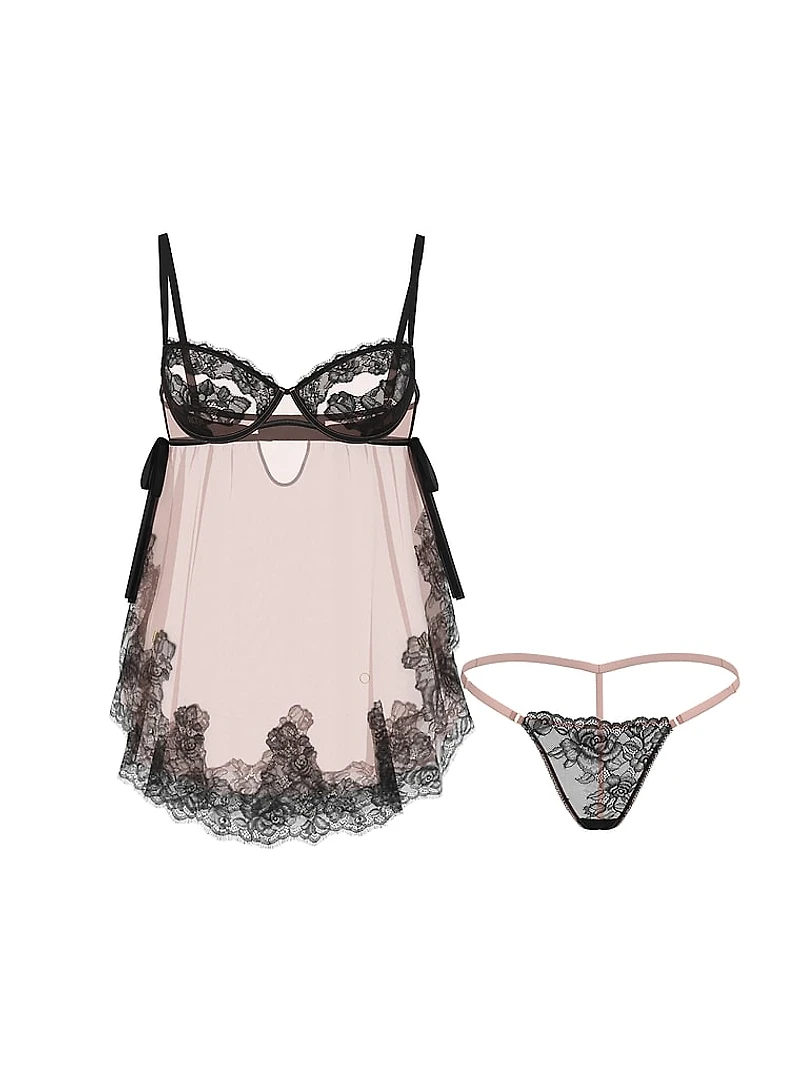 Wicked Sheer Unlined Lace-Trim Babydoll Set