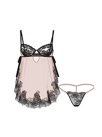 Wicked Sheer Unlined Lace-Trim Babydoll Set