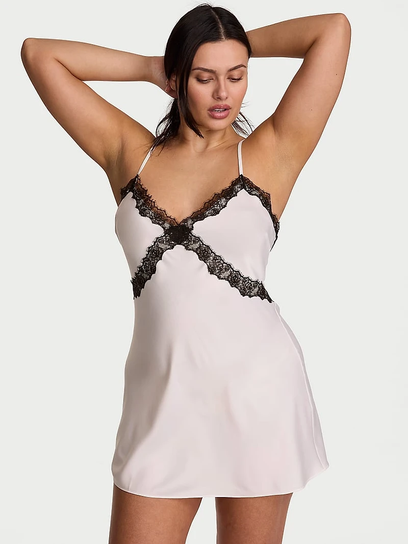 Satin Rose Lace-Trim Mini Slip Dress