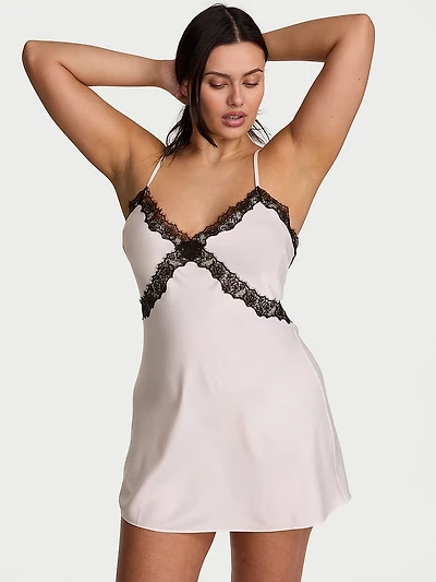 Satin Rose Lace-Trim Mini Slip Dress