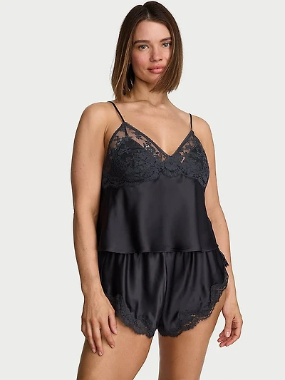 Satin Lace-Trim Cami & Flutter Shorts Set