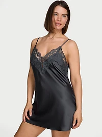 Satin Lace-Trim Short Slip Dress