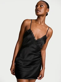 Satin Rose Lace-Trim Mini Slip Dress