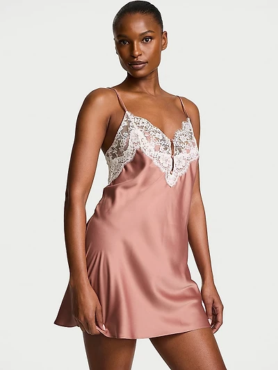 Satin Lace-Trim Short Slip Dress