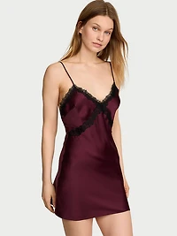 Satin Rose Lace-Trim Mini Slip Dress