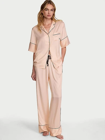 Signature Satin Short-Sleeve Long Pajama Set