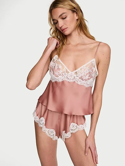 Satin Lace-Trim Cami & Flutter Shorts Set