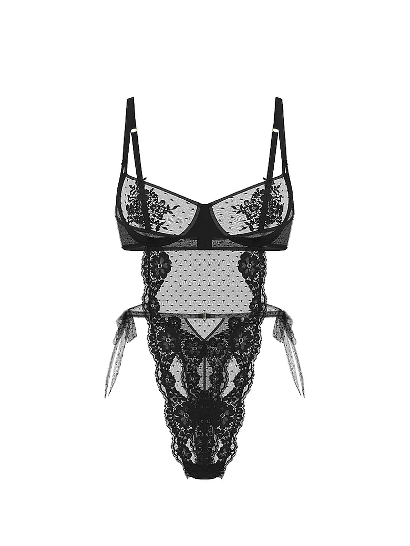 Wicked Unlined Dot Mesh & Lace Teddy