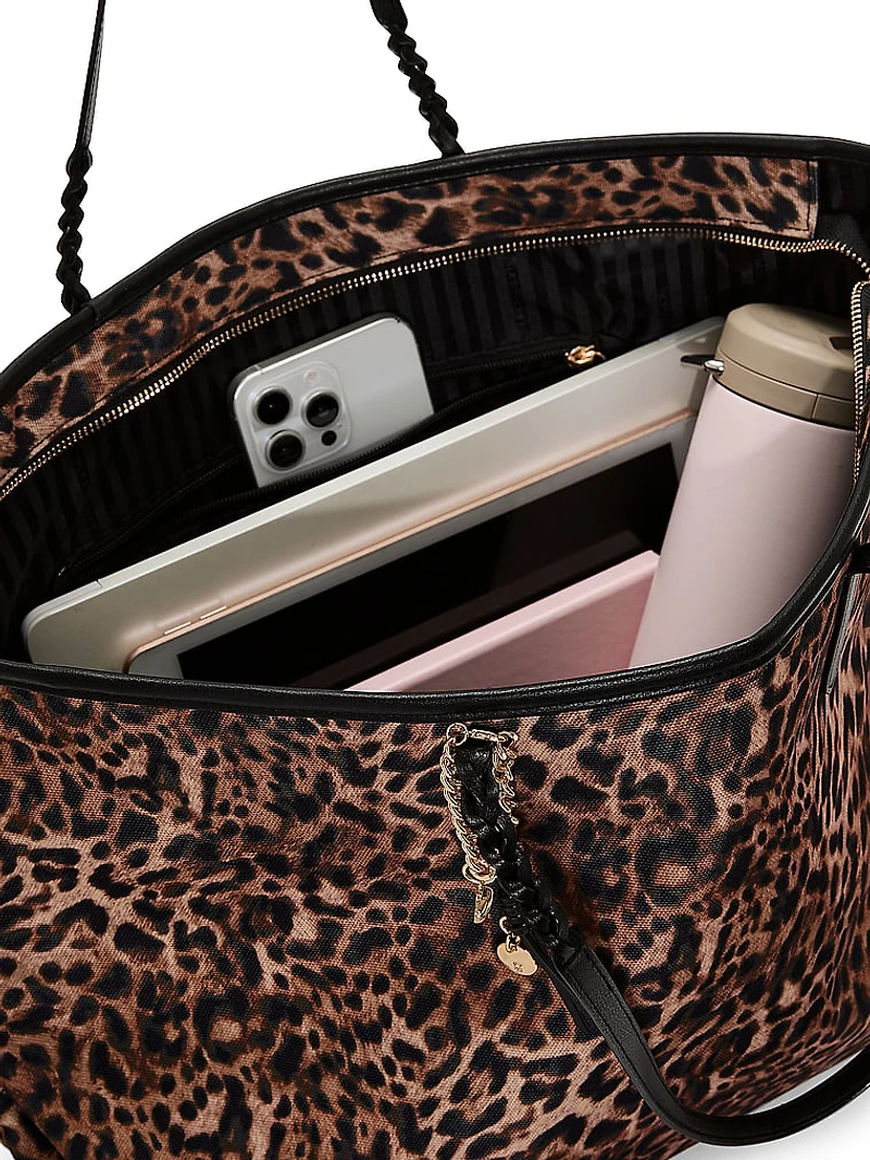 Large Leopard Woven Handle Tote Bag