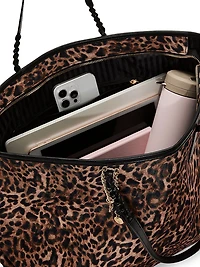 Large Leopard Woven Handle Tote Bag