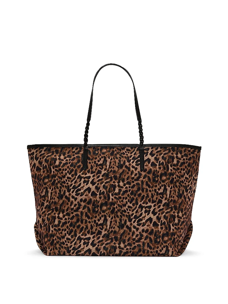 Large Leopard Woven Handle Tote Bag
