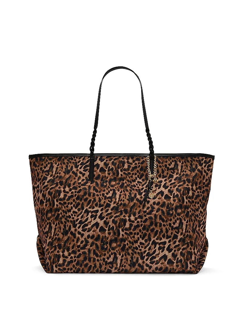 Large Leopard Woven Handle Tote Bag