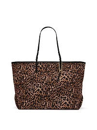 Large Leopard Woven Handle Tote Bag