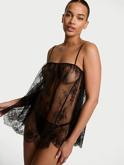 Rose Lace Straight-Neck Babydoll Set