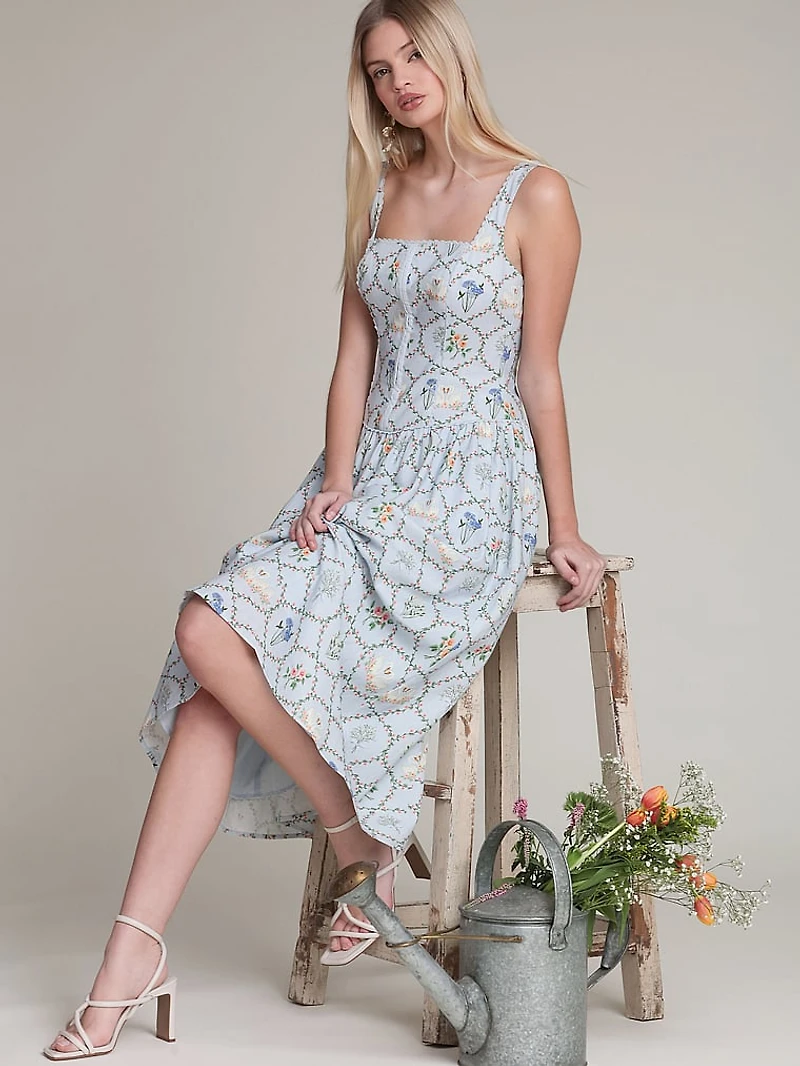 Floral Lattice Linen Blend Midi Dress