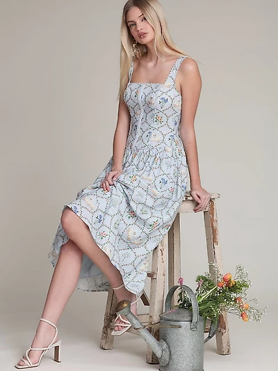 Floral Lattice Linen Blend Midi Dress