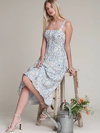 Floral Lattice Linen Blend Midi Dress