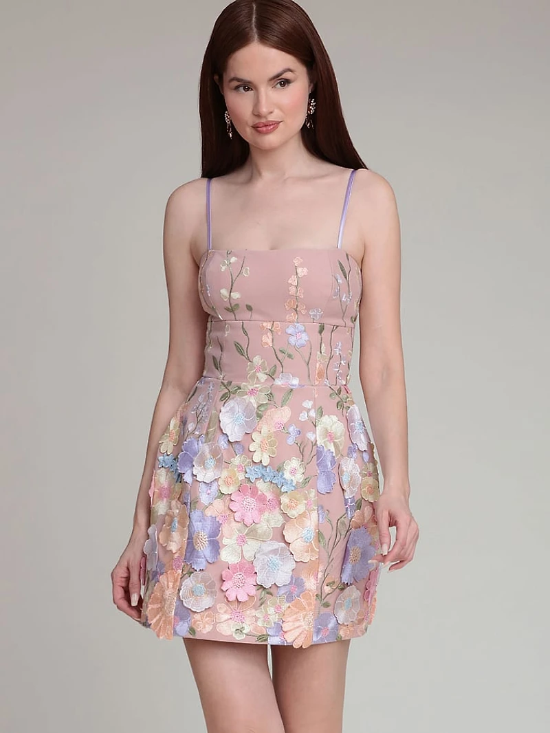 Floral Appliqué Embroidered Mini Dress
