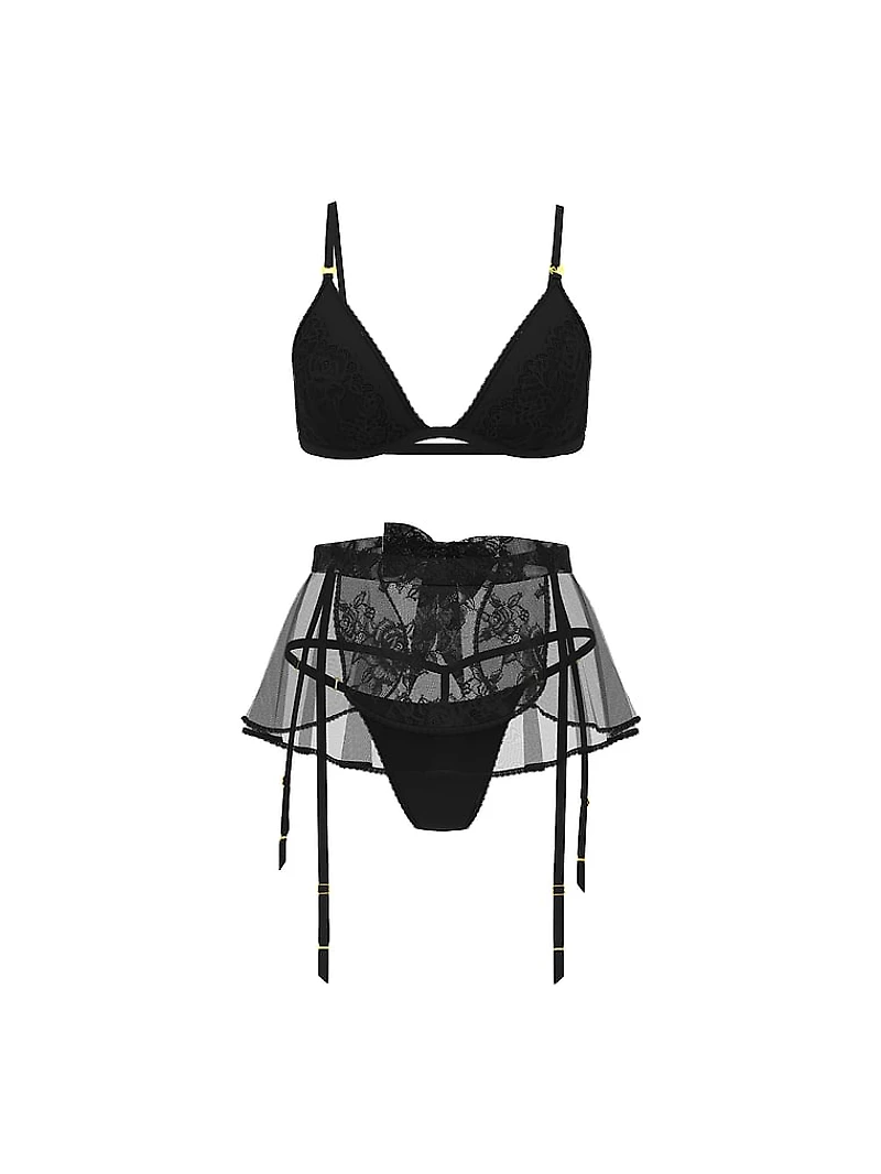 Tease Lace Triangle Bralette & Garter Skirt Set