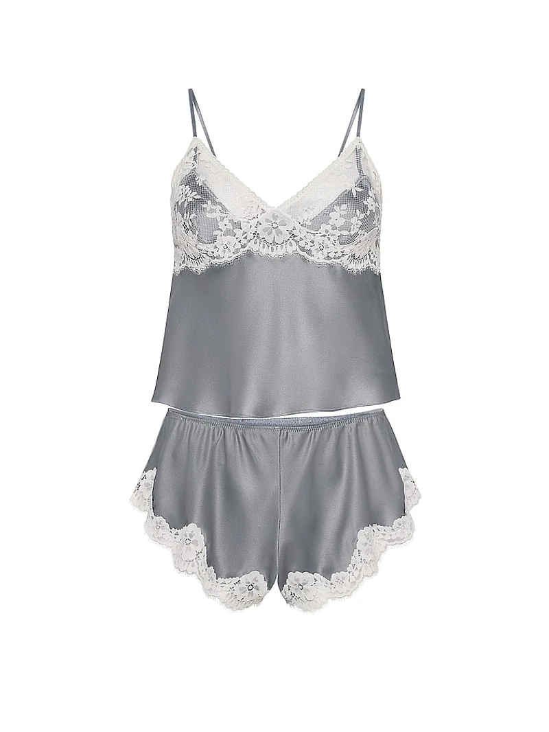 Satin Lace-Trim Cami & Flutter Shorts Set