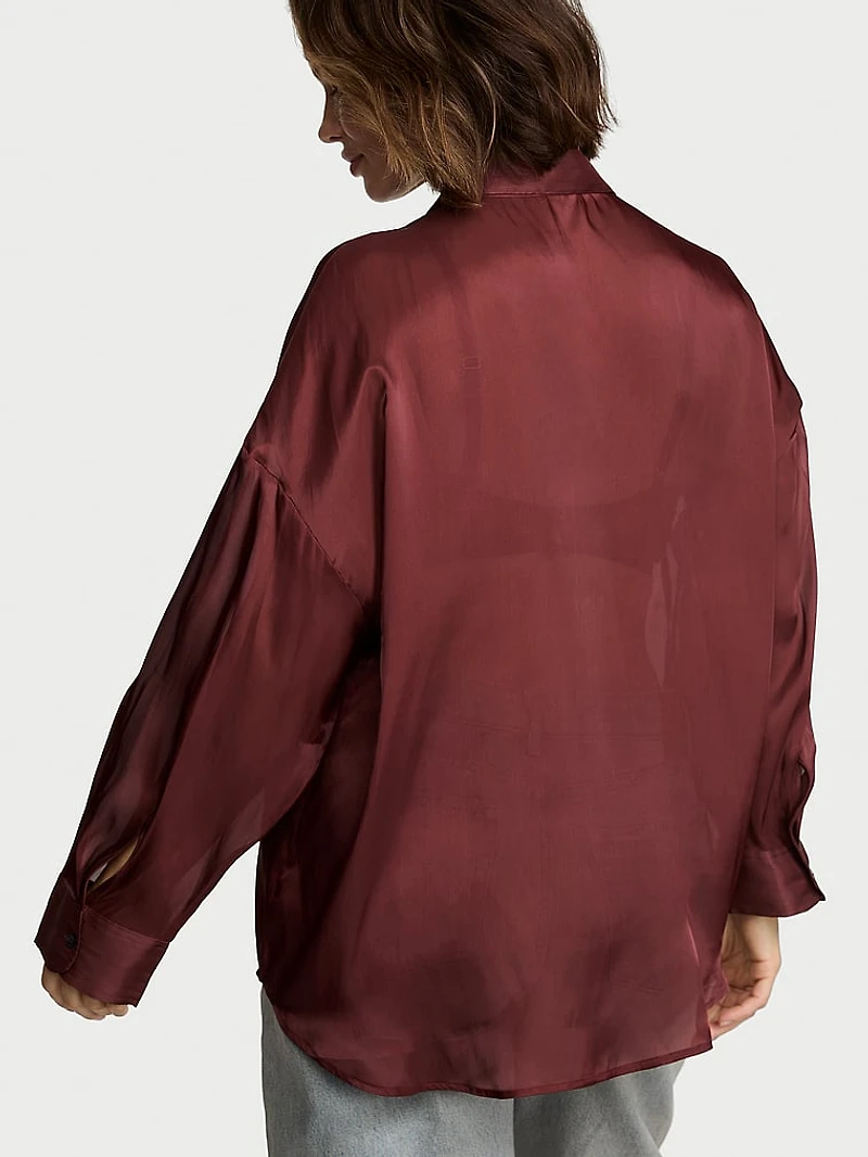 Luxe Sheer Satin Button-Front Shirt