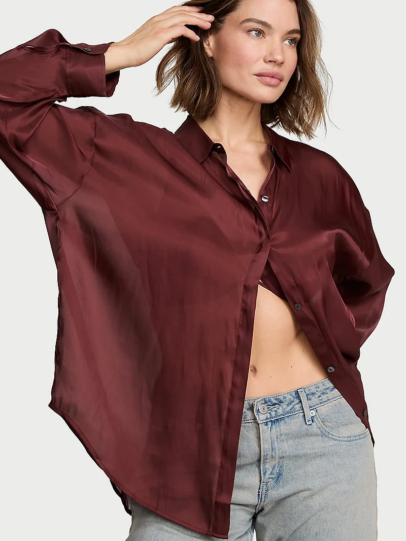 Luxe Sheer Satin Button-Front Shirt