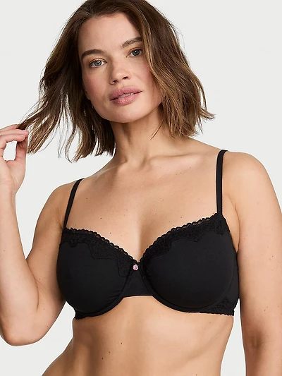 Cotton Lace-Trim Unlined Demi Bra