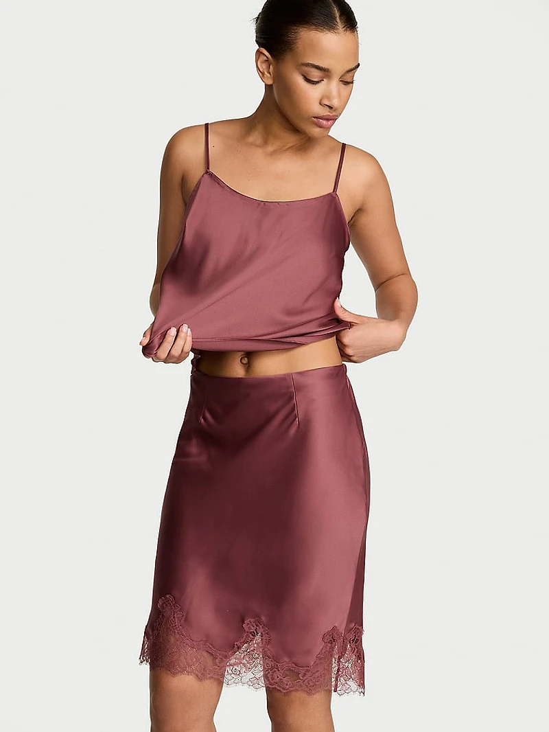 Satin Lace-Trim Skirt