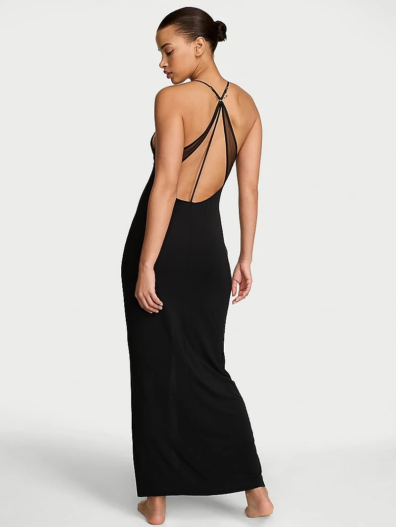 Sheer Reveal Modal High-Neck Maxi Slip Dress