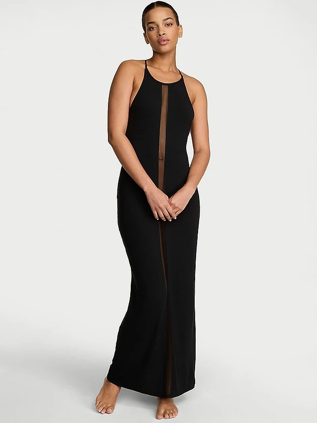 modal lace-trim high-slit maxi slip dress Lace Trim Satin Maxi Slip Dress