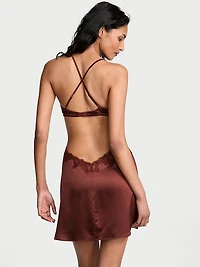 Satin Rose Lace-Trim Cut-Out Mini Slip Dress