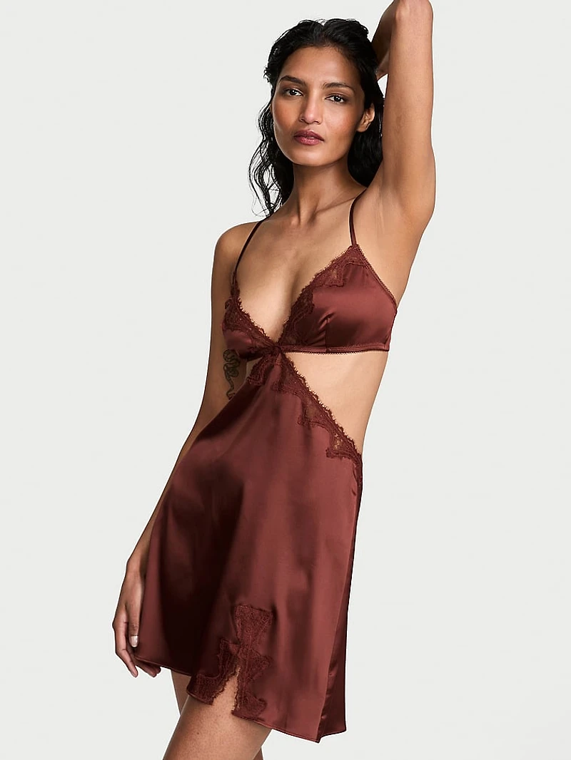 Satin Rose Lace-Trim Cut-Out Mini Slip Dress