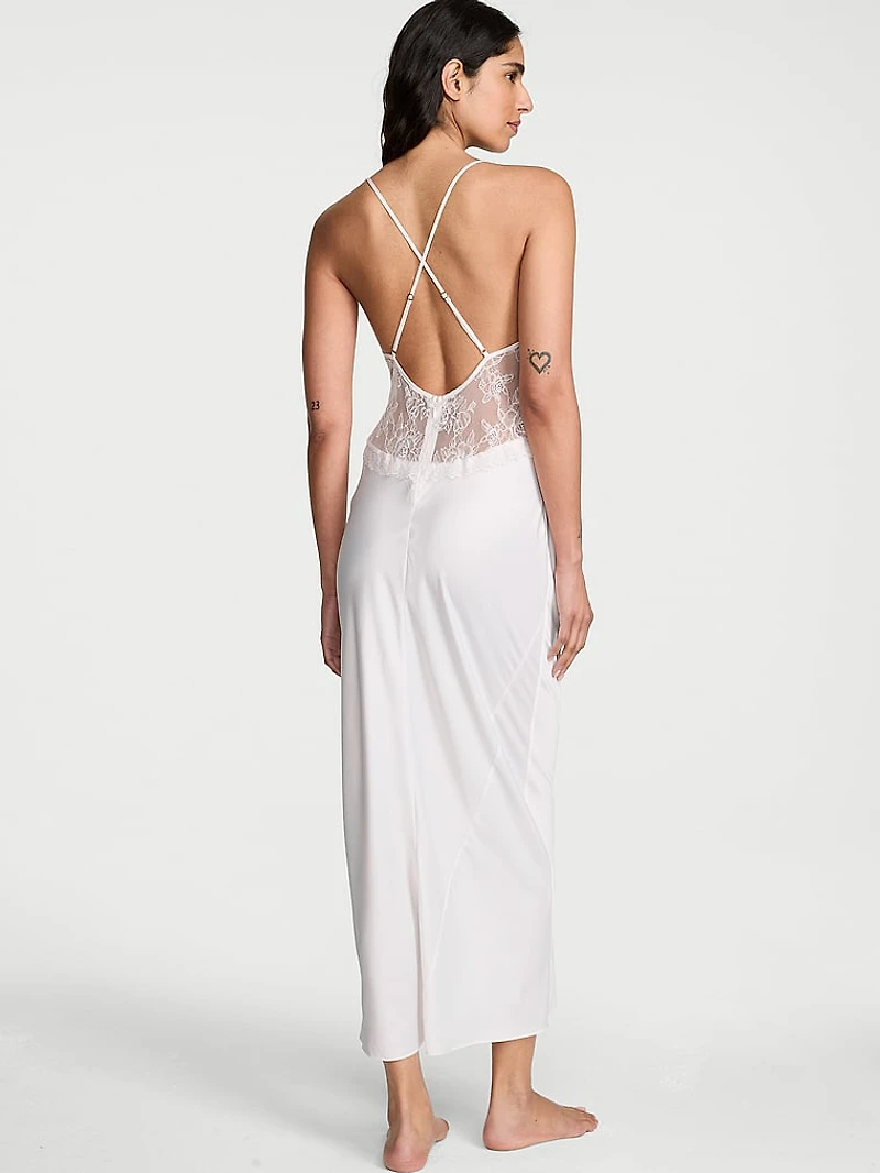 Satin Rose Lace Long Slip Dress