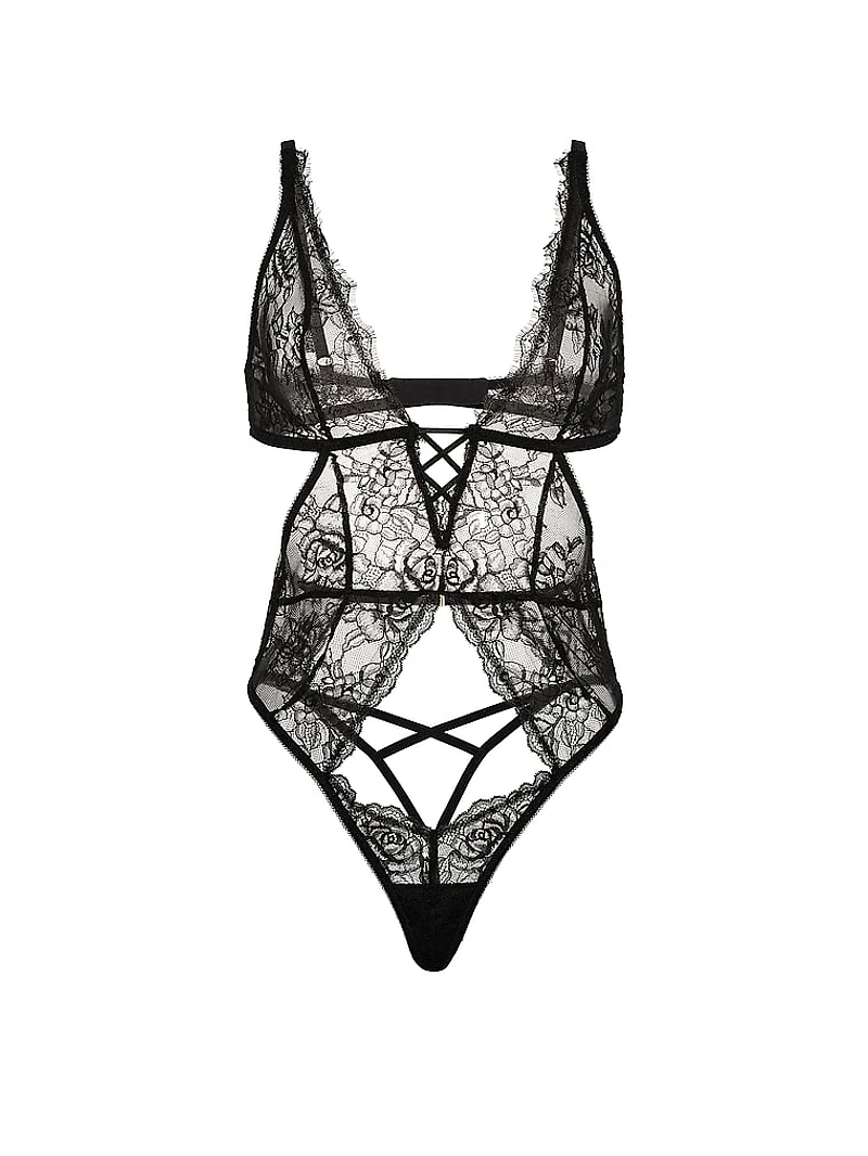 Rose Lace Plunge Crotchless Teddy