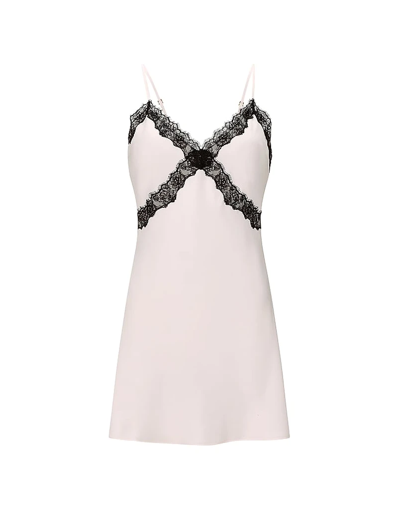 Satin Rose Lace-Trim Mini Slip Dress