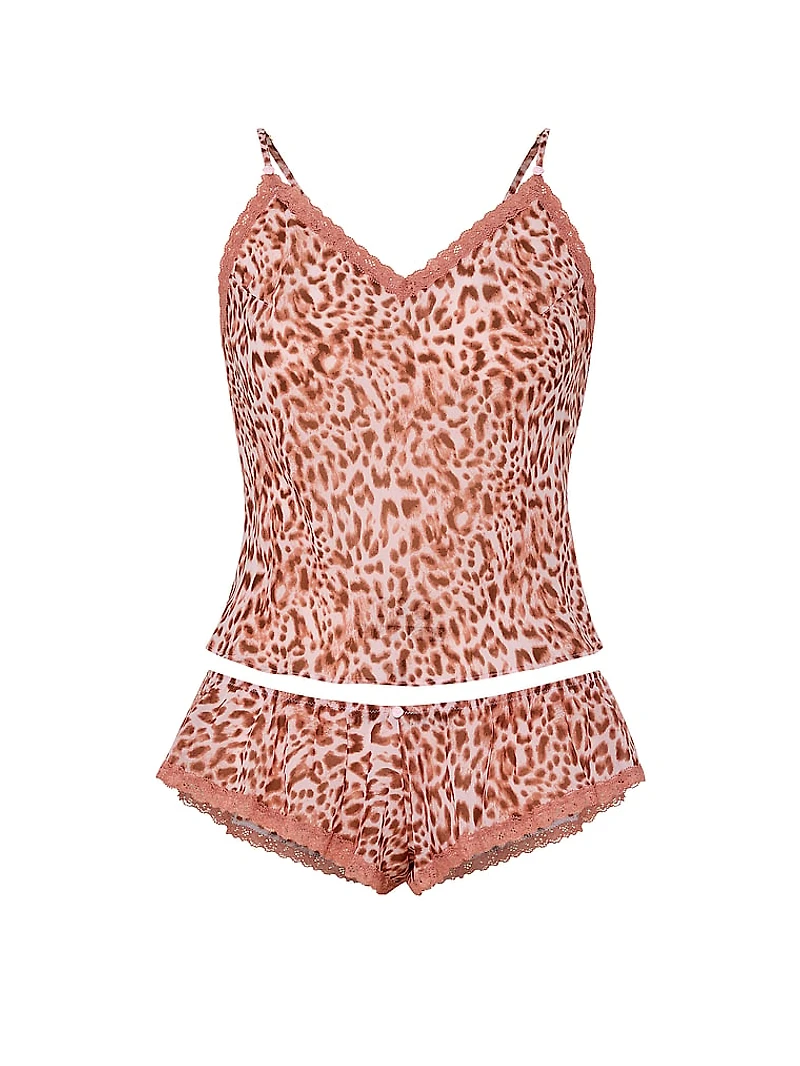 Leopard Chiffon Lace-Trim Cami & Flutter Shorts Set