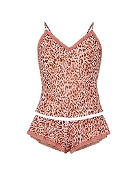Leopard Chiffon Lace-Trim Cami & Flutter Shorts Set