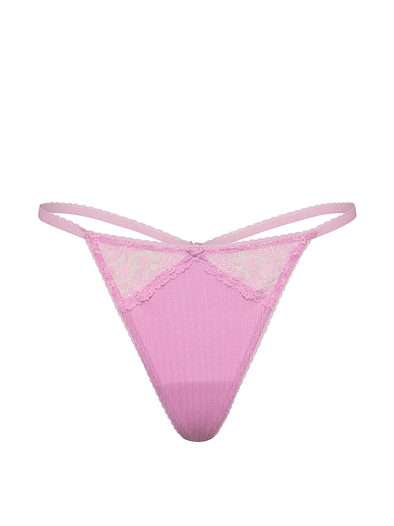 Cotton Pointelle Floral Lace-Trim V-String Panty