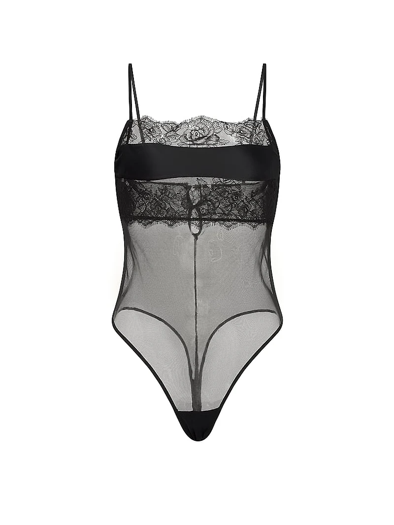 Rose Lace & Mesh Straight-Neck Bodysuit