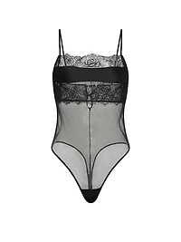 Rose Lace & Mesh Straight-Neck Bodysuit